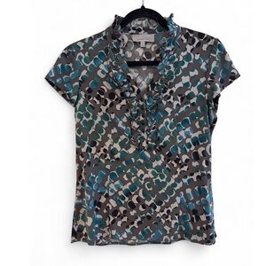 Classiques Entier Size M Silk Blend Ruffle V-Neck Top Teal Gray Abstract